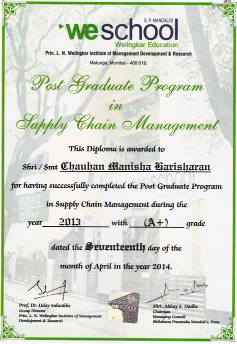 Pg Diploma In Supply Chain Management Certificate