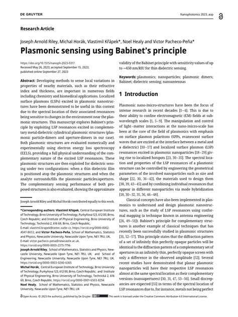 Plasmonic Sensing Using Babinet S Principle Plasmonic Sensing Using Babinet S Principle