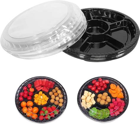 Plastic Serving Tray Lids Bouboni 10 Pieces Appetizer Serving Trays With Lids 12 5 Inches Disposable Veggie Fruit Tray 6 Divided Compartment Container Round Food Container Platter With Forks For Party Buffet Black Veggie Platter