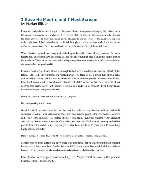 Plot Summary Of I Have No Mouth And I Must Scream By Harlan Ellison Plot Summary Of I Have No Mouth And I Must Scream By Harlan Ellison