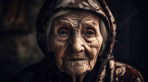 Portrait Of An Old Woman Is Looking Into The Camera Background Picture