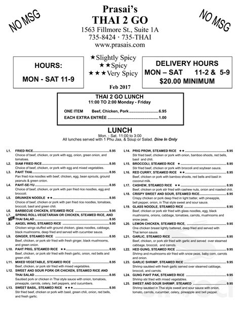 Prasai S Thai 2 Go Menu In Twin Falls Idaho Usa