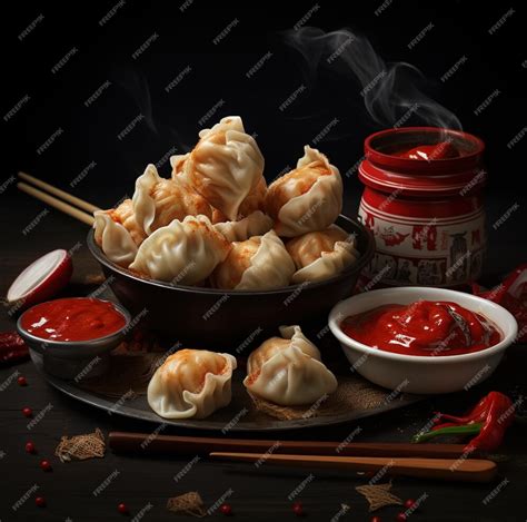 Premium Ai Image A Plate Of Dumplings With A Jar Of Ketchup And A Jar