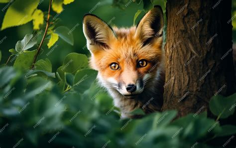 Premium Ai Image Curious Fox Peeking Out From Behind A Bush In A