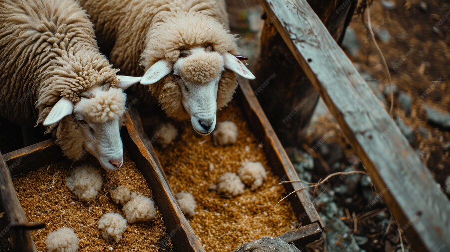 Premium Photo Sheep Eat Food In Wooden Trays On The Farm
