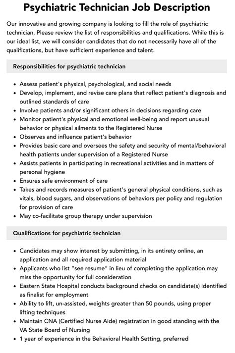 Psychiatric Technician Job Description Velvet Jobs