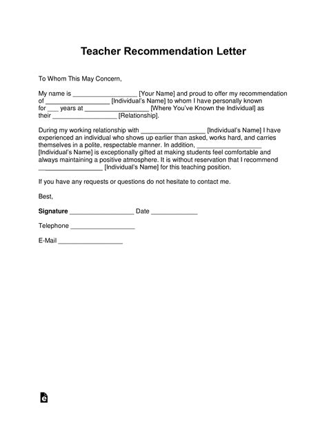 Recommendation Letter For Teacher Format Sample Example