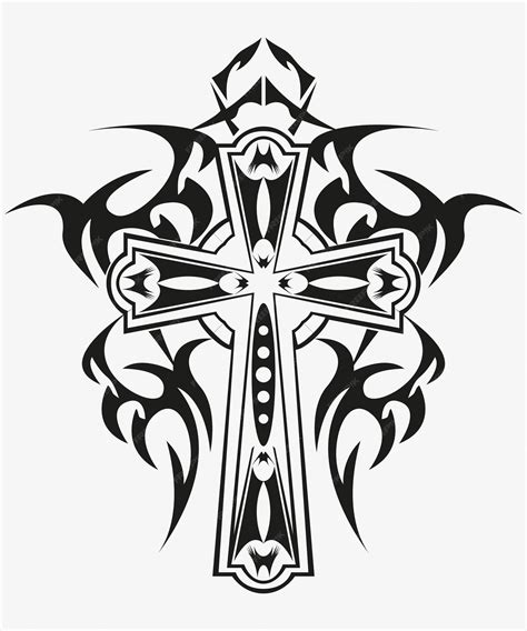 Red And Black Ink Tribal Cross With Heart Tattoo Design Truetattoos