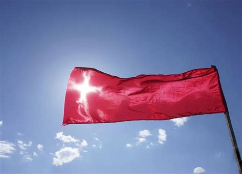 Red Flag White Cross Flagpole Blue Cloudy Sunny Sky Stock Photo By