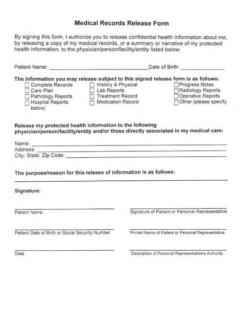 Release Of Medical Records Form