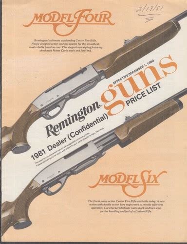 Remington Guns Dealer Price List 1980 Model Four Six 1100 3200 870 Rim