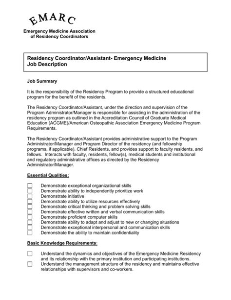 Residency Coordinator Assistant Job Description