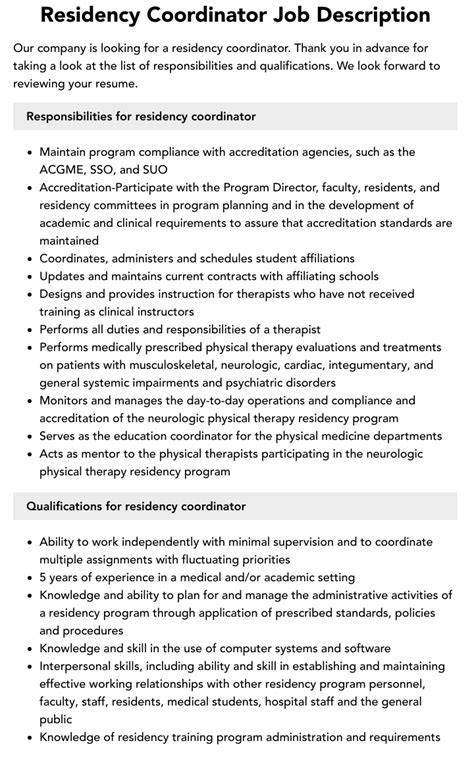 Residency Coordinator Job Description Velvet Jobs