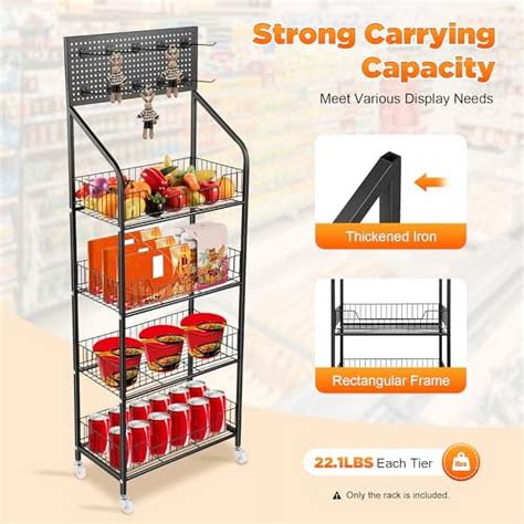 Retail Shelf 4 Tier Supermarket Retail Display Free Standing Metal Snack Candy Display Shelf Cart 4 Wheels Fruits Organizer Home Convenience Stores Kitchen 19 6 1 Produce Storage