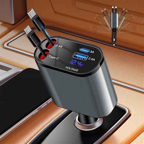 Retractable 4 In 1 Fast Car Charger Usb C Lightning Iphone Android