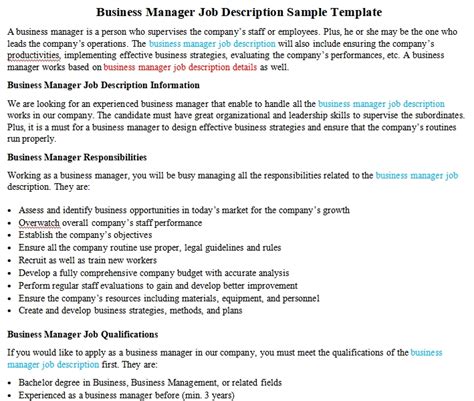 Sample Business Manager Job Description Small Business Free Forms
