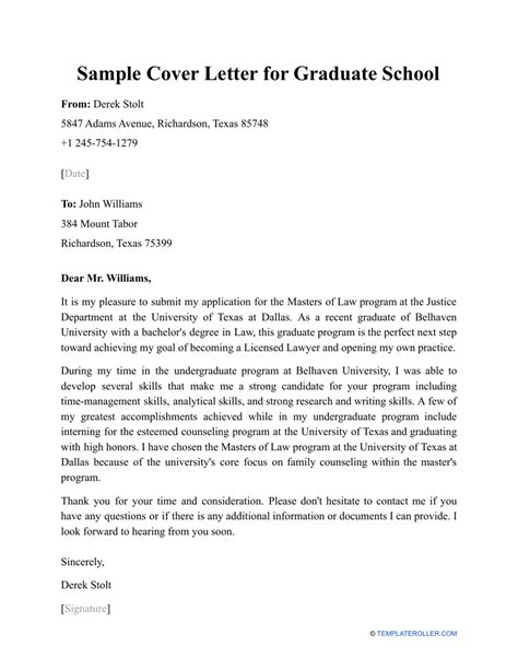 Sample Cover Letter For Graduate School Download Printable Pdf