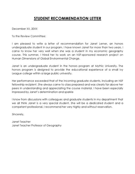 Sample Recommendation Letter for Student
