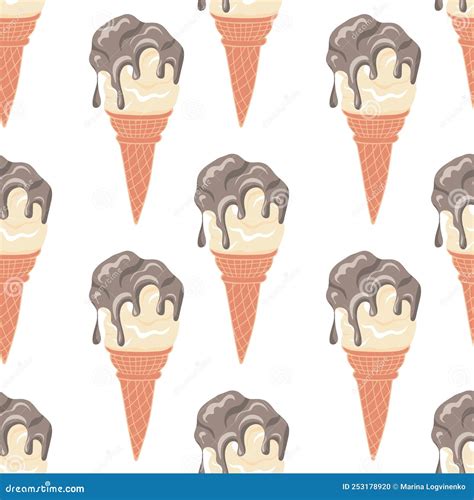 Seamless Pattern With Swirled Soft Vanilla Ice Cream With Chocolate