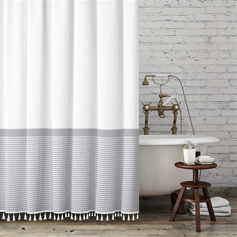Seasonwood 84Inch Tall White Shower Curtain Navy Blue Striped With Tassels Modern Fabric Farmhouse Shower Curtain For Bathroom Decor Easy Care Waterproof Washable Durable 72 X 84