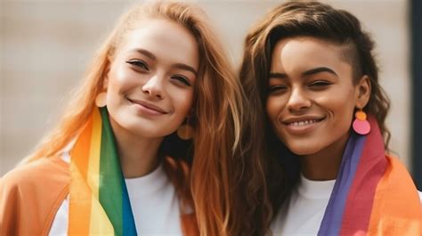 Selective Focus Of Smiling Lesbian Couple With Rainbow Flags Looking At Camera Lgbtq Community Selective Focus Of Smiling Lesbian Couple With Rainbow Flags Looking At Camera Lgbtq Community
