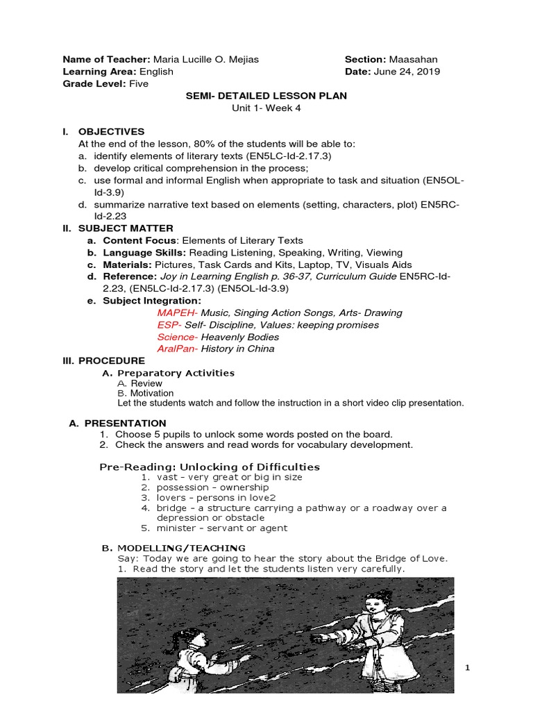 Semi Detailed Lesson Plan Grade 5 English Docx Lesson Plan Cognition