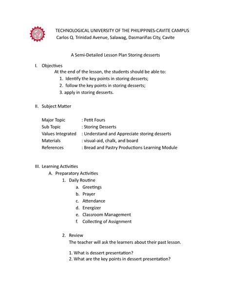 Semi Detailed Lesson Plan In Storing Dessert Technological University