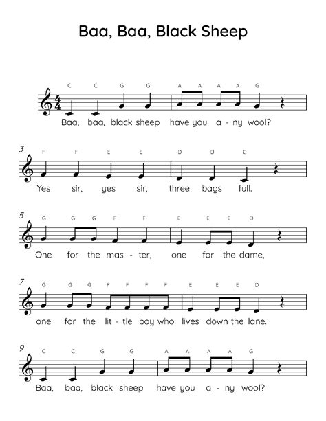 Sheet Music With The Words Baa Baa Black Sheep