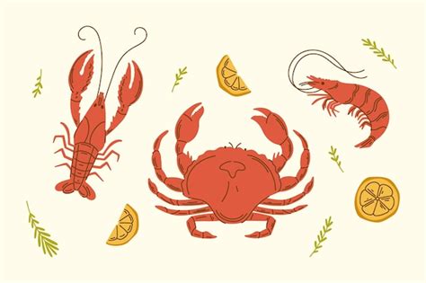 Shrimp Crawfish And Crab Vector Set Illustration With Limon Seafood Vector Design Elements Premium Vector