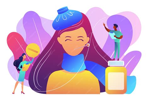 Sick Woman With Flu And Cold Symptoms And Doctors Tiny People