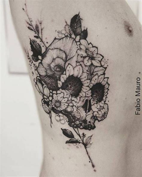 Sketch Work Floral Skull Tattoo On The Right Side Sketch Work Floral Skull Tattoo On The Right Side