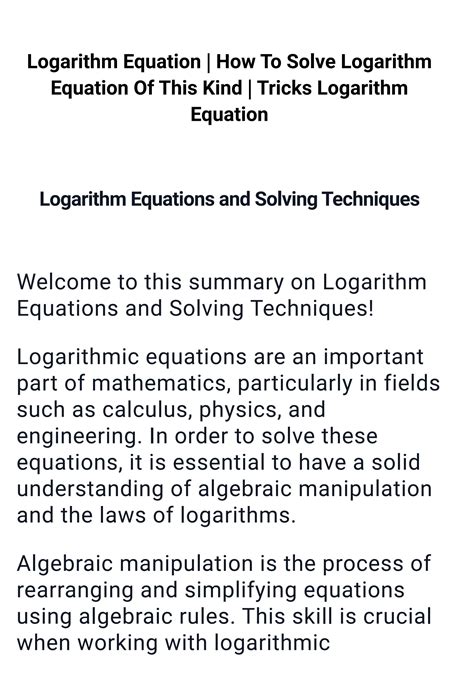 Solution Mastering Logarithm Equations Techniques And Tricks For Solving Complex Logarithm