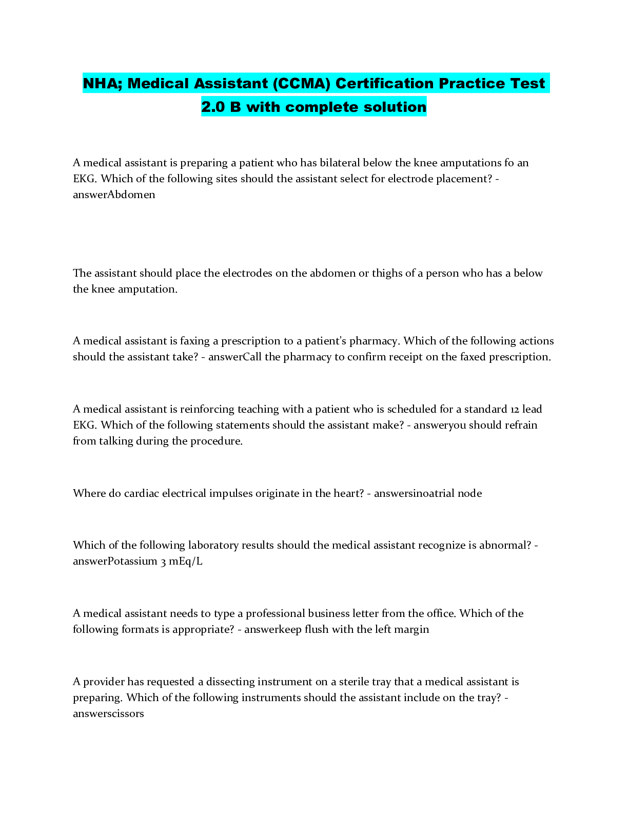 Solution Nha Medical Assistant Ccma Certification Practice Test 2 0 B