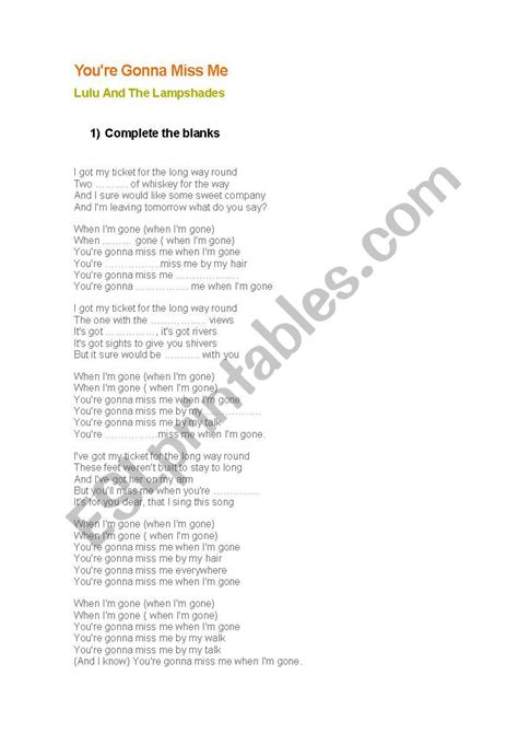 Song You Re Gonna Miss Me Esl Worksheet By Ivanre1707