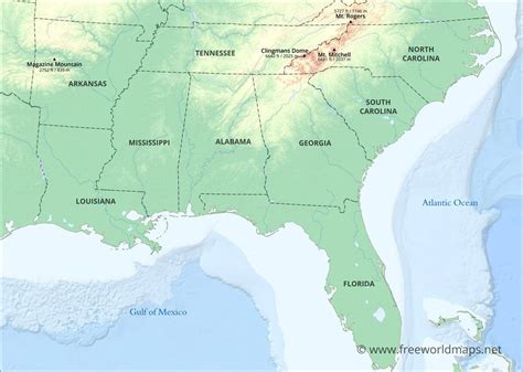 Southeastern Us Physical Map Southeast Mountains Map United States