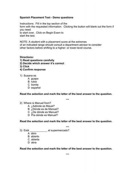 Spanish Placement Test The Spanish Placement Exam The Department Of