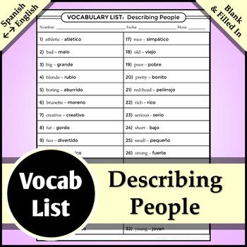 Spanish Vocab List Adjectives For Describing People Tpt