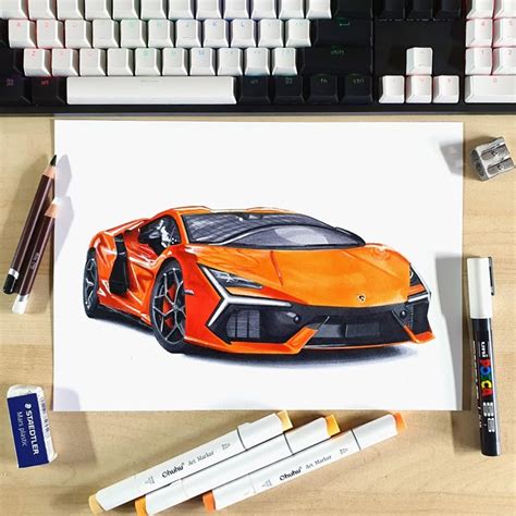 Step By Step Guide To Drawing A Lamborghini Revuelto With Alcohol Markers