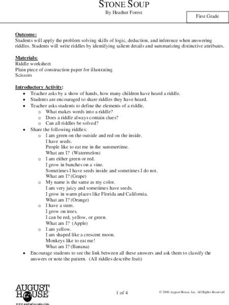 Stone Soup Lesson Plan For 1St Grade Lesson Planet
