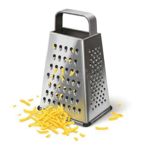 Studio Shot Of Silver Metal Grater With Shredded Yellow Cheese On White