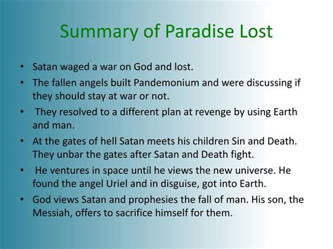 Summary Of Paradise Lost Paradise Lost Paradise Lost Is An Epic Poem