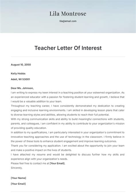 Teacher Letter Of Interest Template