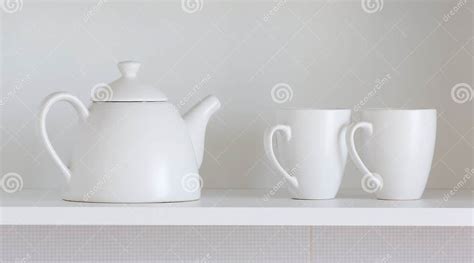 Teapot And Cups On The Shelf Stock Image Image Of Cupboard Ceramics