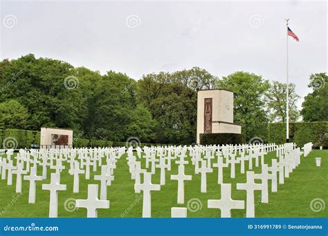 The Luxembourg American Cemetery And Memorial With American Flag Stock