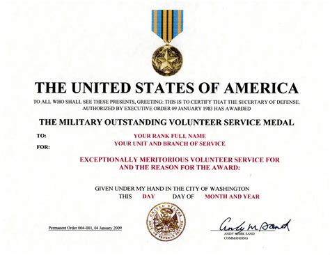 The Military Outstanding Volunteer Service Medal Certificate Army Navy