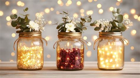 Three Mason Jars Filled With Flowers And Fairy Lights On A Wooden Table