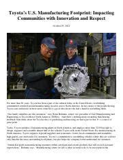 Toyota S U S Manufacturing Footprint Impacting Communities With Innovation And Respect Toyota Usa Newsroom