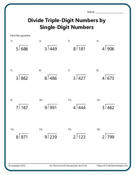 Triple Digit Division K12 Math Worksheets Triple Digit Division K12 Math Worksheets