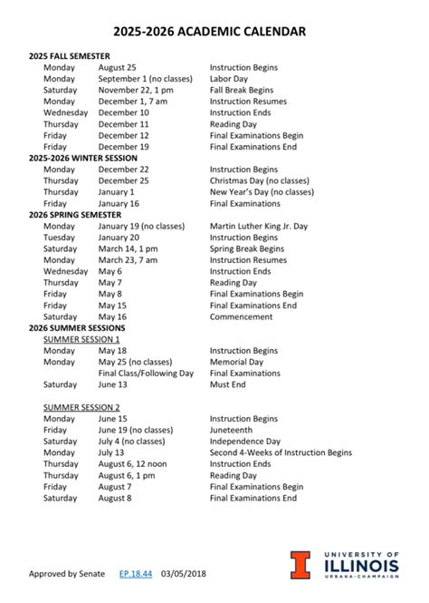 U of I Champaign Academic Calendar