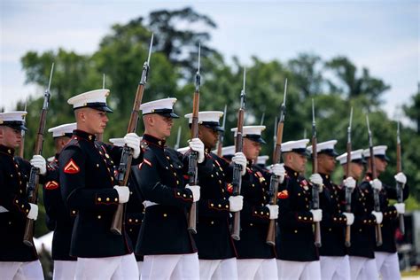 U S Marines In Dress Blues With Rifles Stand In Formation